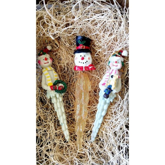 Vintage Christmas tree ceramic snowman long icicle ornaments set of 3 - Picture 3 of 4